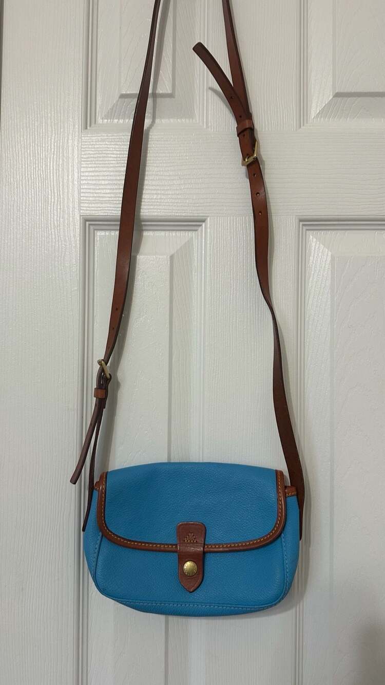 Dooney & Bourke Vintage Blue Leather Flap Crossbody Bag Brown Trim